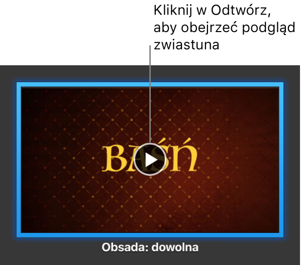 Ekran ze zwiastunem iMovie i przyciskiem odtwarzania.