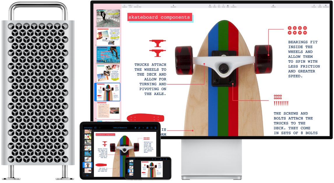Conteúdo idêntico mostrado em um Mac Pro, iPad e iPhone.
