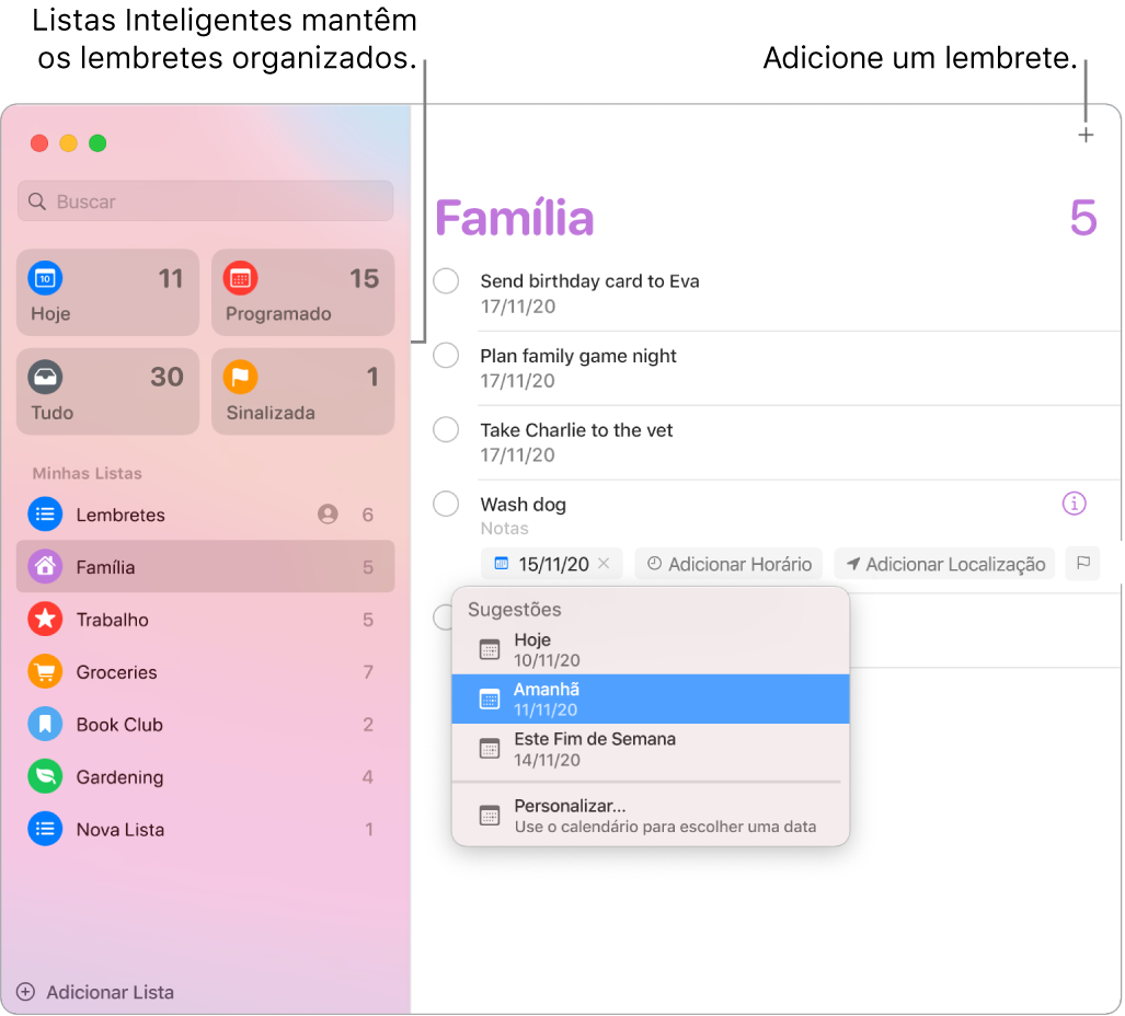 Janela do Lembretes com listas inteligentes à esquerda e outros lembretes e listas abaixo. O cursor está em um lembrete e o menu de Sugestões está aberto, com sugestões para Hoje, Amanhã, Este Fim de Semana e Personalizado.