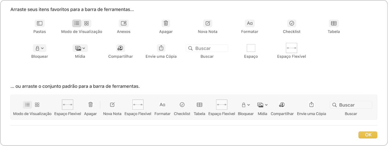 Janela do Notas mostrando as opções de personalização da barra de ferramentas disponíveis.