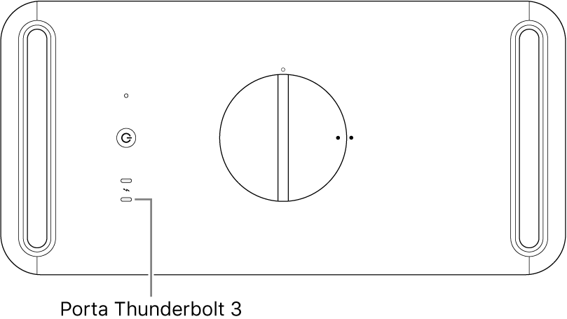 A parte superior do Mac Pro, com uma seta a indicar a porta Thunderbolt 3 correta.