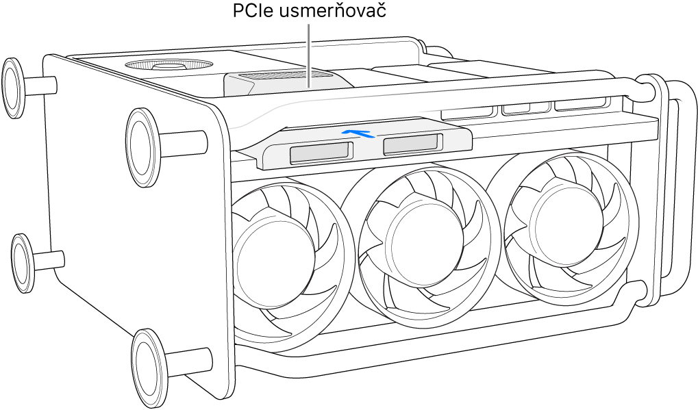 Mac Pro na bočnej strane so zobrazením PCIe usmerňovača a SSD krytu.