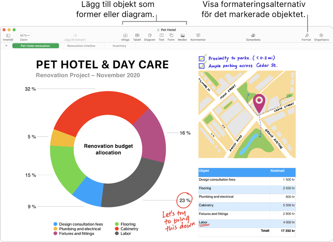 Ett Numbers-fönster som visar verktygsfältet med redigeringsverktyg överst, samarbetsknappen uppe till höger och knapparna för format och organisering till höger. Formatsidofältet är öppet i Diagram-fliken.