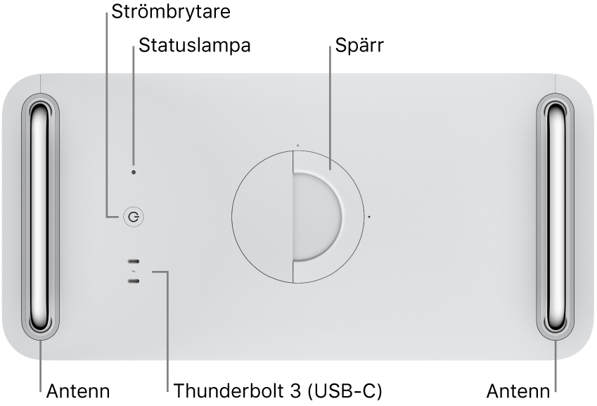 Mac Pro ovanifrån med strömbrytare, statuslampa, spärr, antenn och två Thunderbolt 3 (USB-C)-portar.