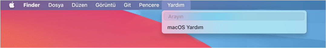 Yardım menüsü açık halde Ara ve macOS Yardım menü seçeneklerini gösteren kısmi masaüstü.