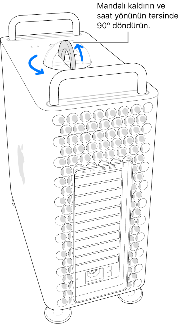 Mandal kaldırılıp 90 derece döndürülerek bir bilgisayarın kasasını çıkarma ilk adımı gösteriliyor.