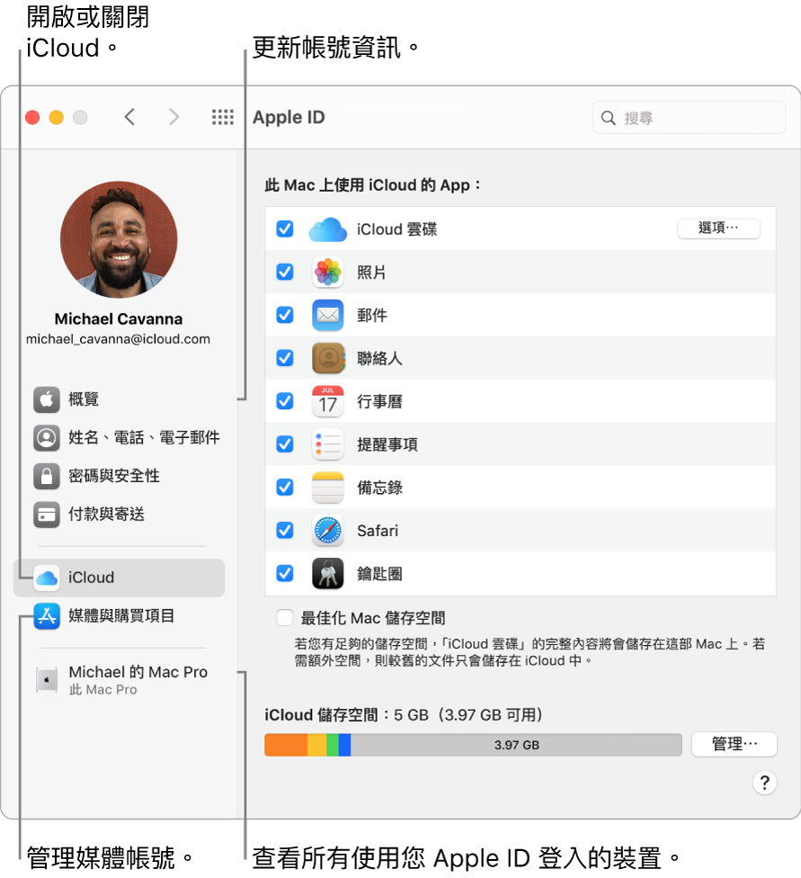 「系統偏好設定」中的 Apple ID 面板。按一下側邊欄中的項目來更新帳號資訊、開啟或關閉 iCloud、管理媒體帳號，以及查看所有使用您 Apple ID 登入的裝置。