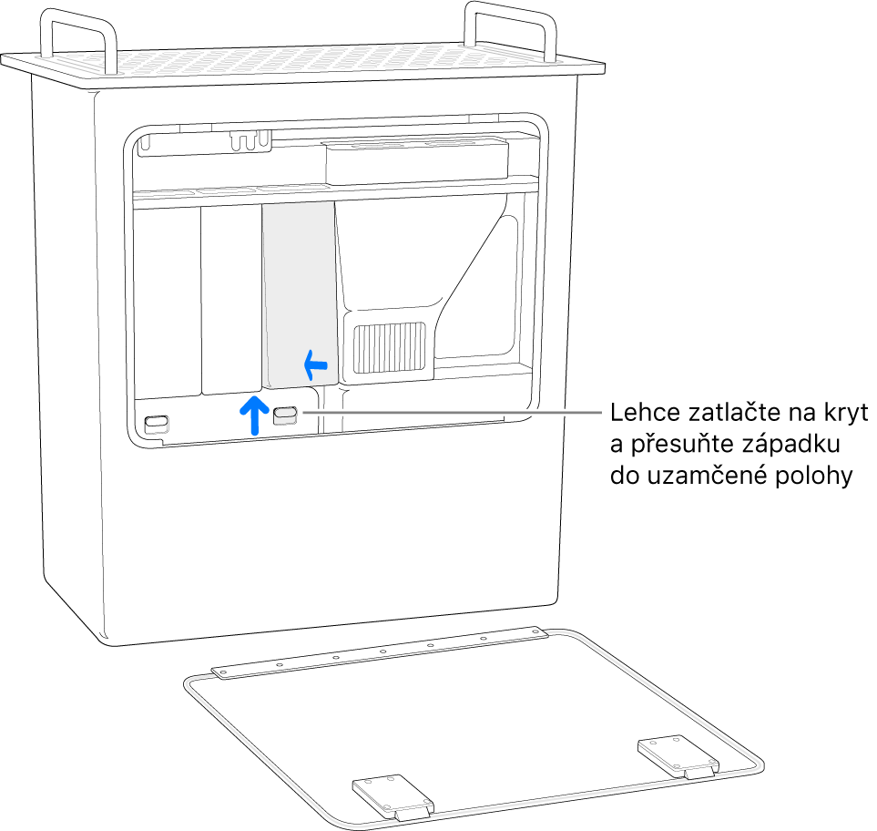 Mac Pro postavený na zadní stranu se znázorněným postupem posunutí páčky DIMM modulu do uzamčené polohy