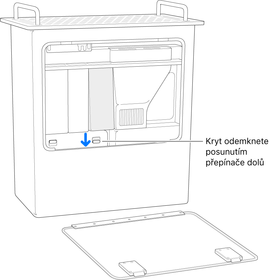 Mac Pro postavený na zadní stranu se zvýrazněnou páčkou, která odemyká kryt DIMM modulu