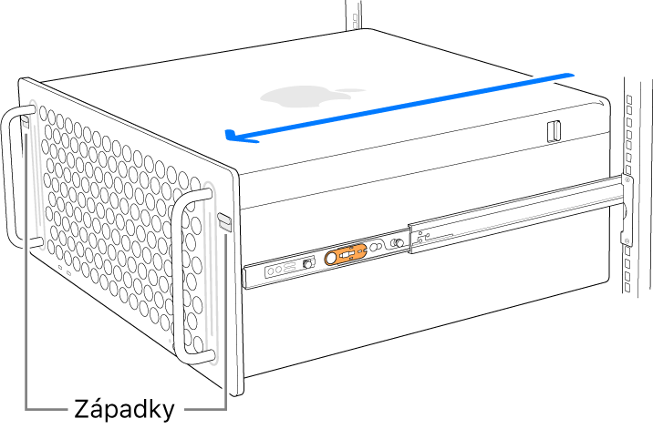 Mac Pro spočívající na kolejničkách uchycených v racku