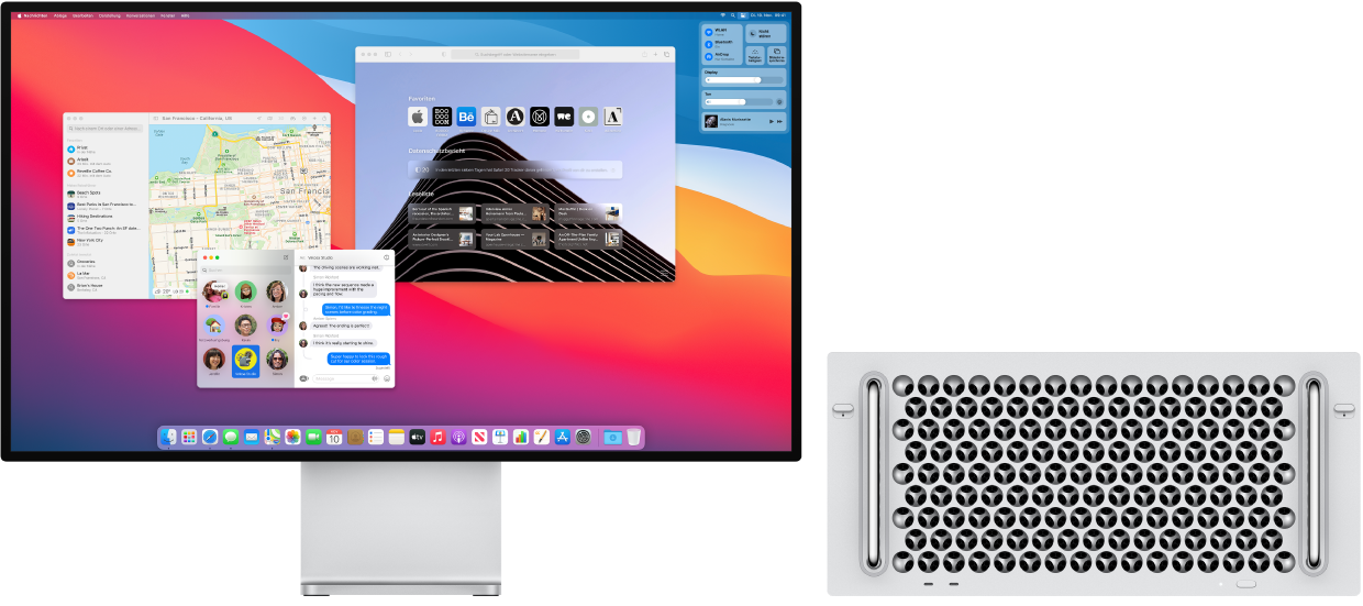 Ein Mac Pro mit angeschlossenem Pro Display XDR, auf dem der Schreibtisch mit dem Kontrollzentrum und mehreren geöffneten Apps zu sehen ist.