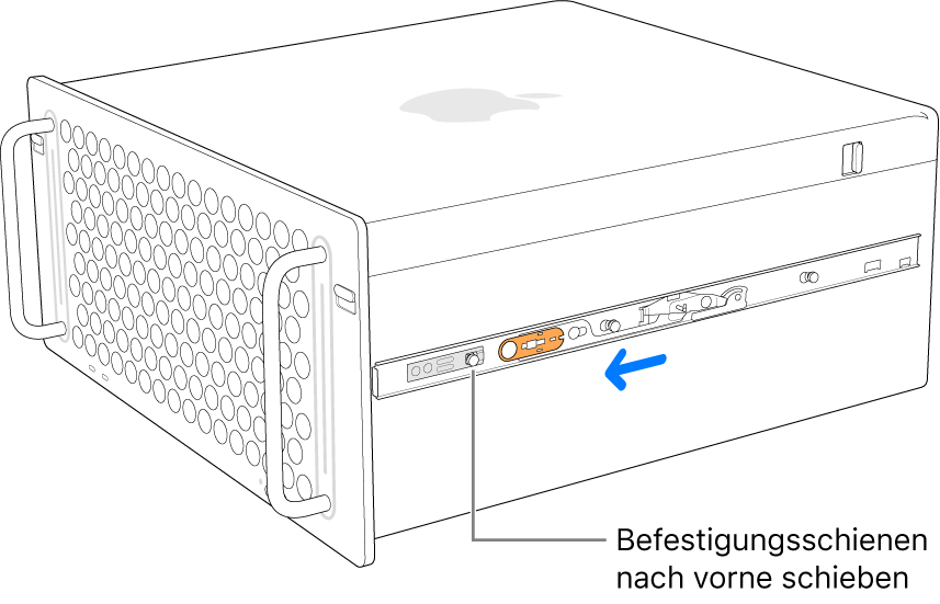 Mac Pro mit einer Schiene, die nach vorne geschoben wird und einrastet.