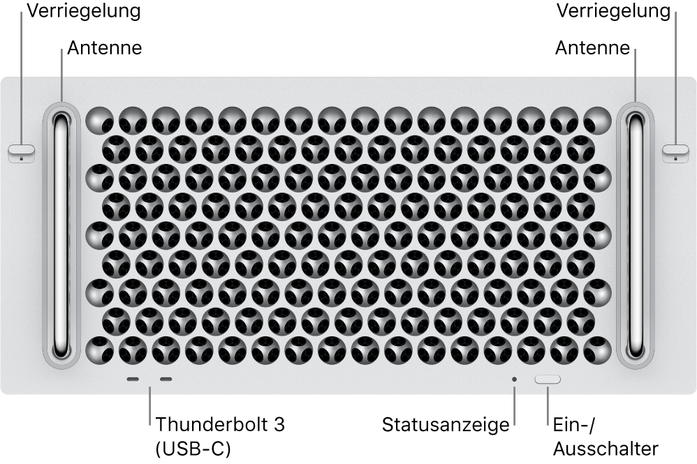 Die Vorderseite des Mac Pro mit zwei Thunderbolt 3-Anschlüssen (USB-C), einer Betriebsanzeige einem Ein-/Ausschalter und einer Antenne.