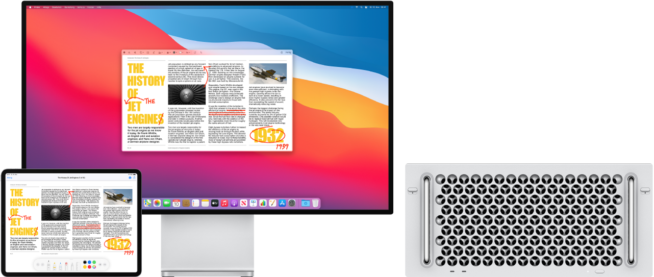 Ein Mac Pro und ein iPad nebeneinander. Auf beiden Bildschirmen wird ein Artikel mit roten Markierungen wie durchgestrichenen Sätzen und hinzugefügten Wörtern angezeigt. Auf dem iPad-Bildschirm werden unten Steuerelemente für Markierungen angezeigt.
