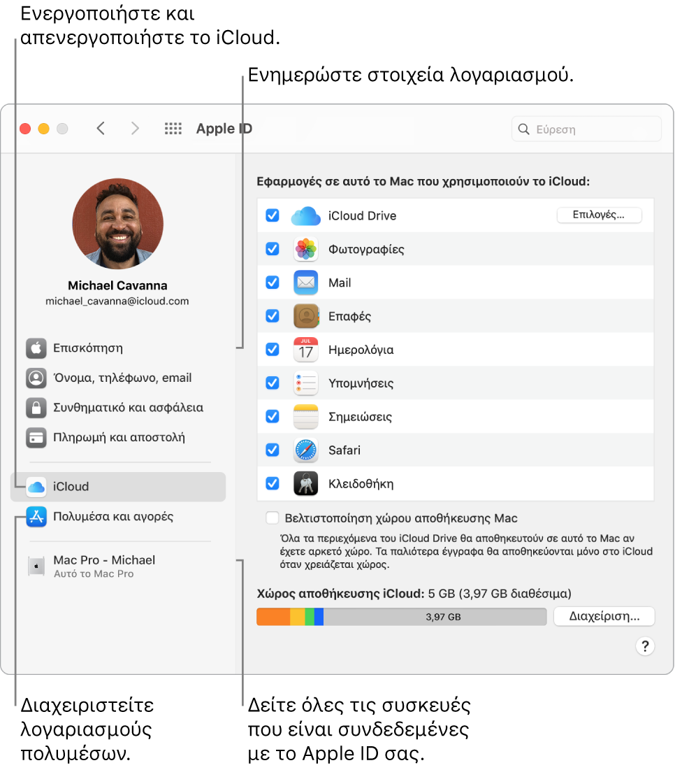 Το τμήμα Apple ID στις Προτιμήσεις συστήματος. Κάντε κλικ σε ένα στοιχείο στην πλαϊνή στήλη για ενημέρωση των στοιχείων του λογαριασμού σας, ενεργοποίηση ή απενεργοποίηση του iCloud, διαχείριση λογαριασμών πολυμέσων και εμφάνιση όλων των συσκευών που έχουν συνδεθεί με το Apple ID σας.