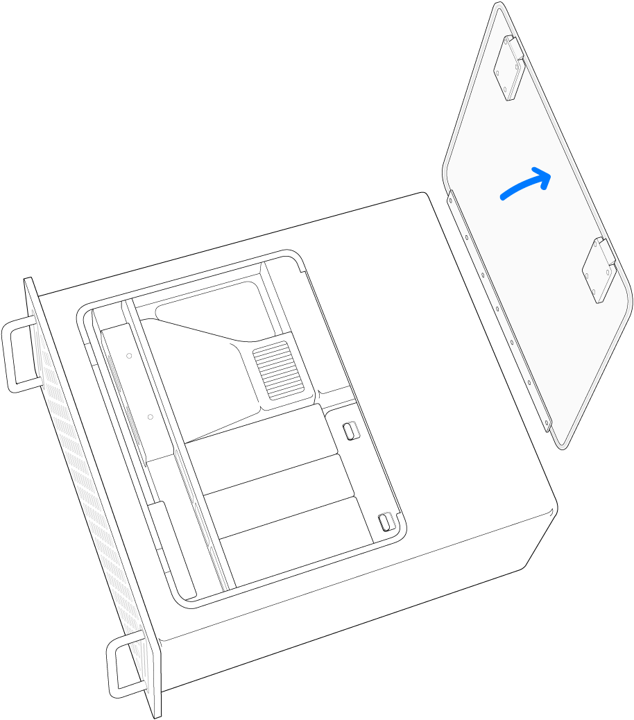 Mac Pro on its side, highlighting the access panel being removed.