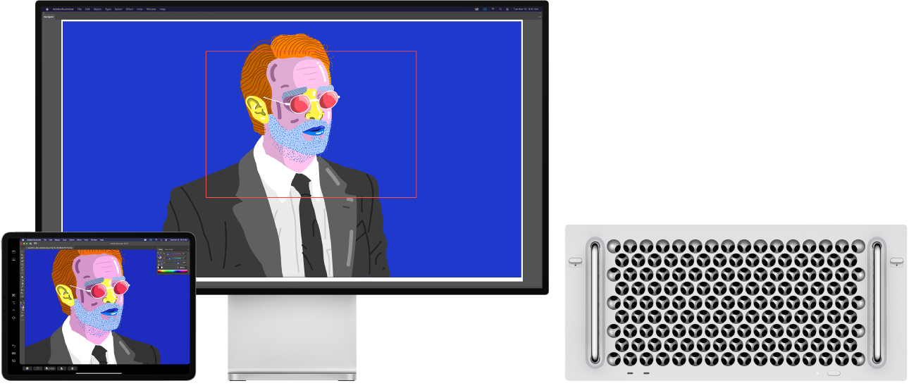 A Mac Pro and an iPad sit side by side. The Mac Pro shows art within the navigator window of Illustrator. The iPad shows the same art in the document window of Illustrator, surrounded by toolbars.