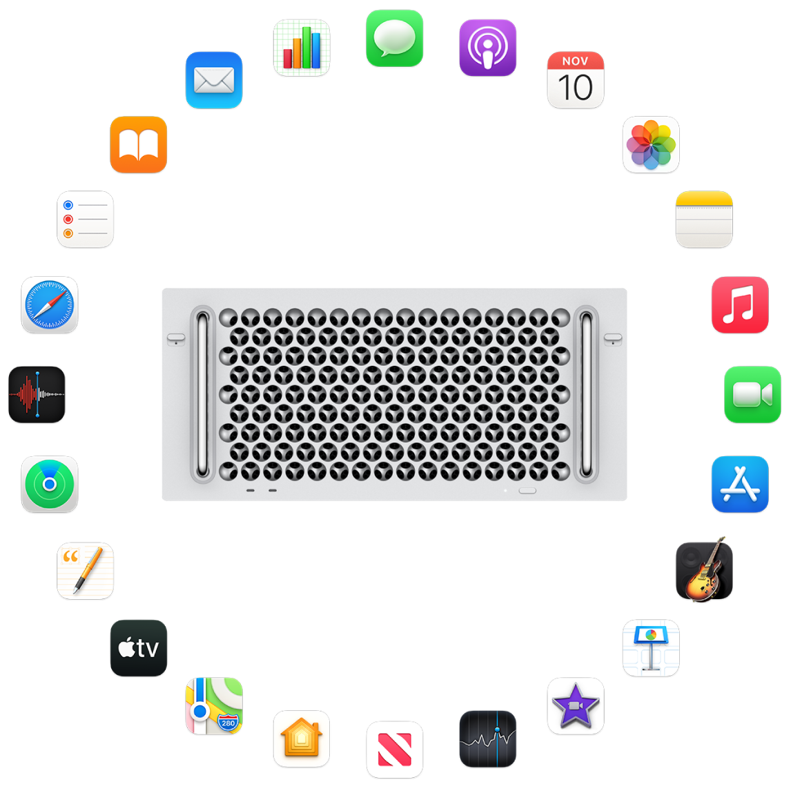 A Mac Pro surrounded by the icons for the built-in apps described in the following sections.