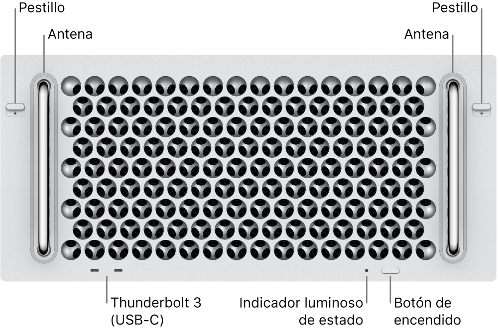 La parte frontal de la Mac Pro mostrando dos puertos Thunderbolt 3 (USB-C), un indicador luminoso del sistema, el botón de encendido y una antena.