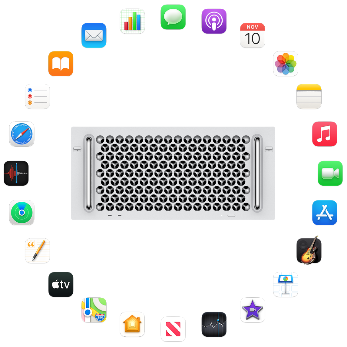 Un Mac Pro rodeado de los iconos de las apps integradas que se describen en las siguientes secciones.