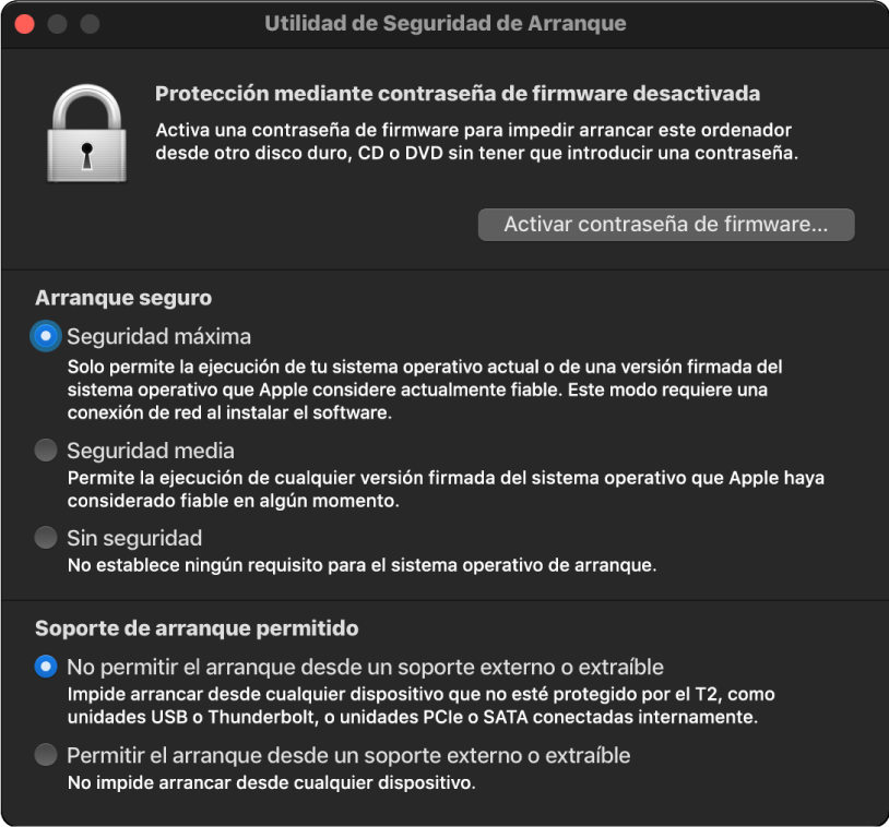 Está abierta la ventana de la Utilidad de Seguridad de Arranque con una opción marcada para el arranque seguro y otra opción marcada para el arranque externo.