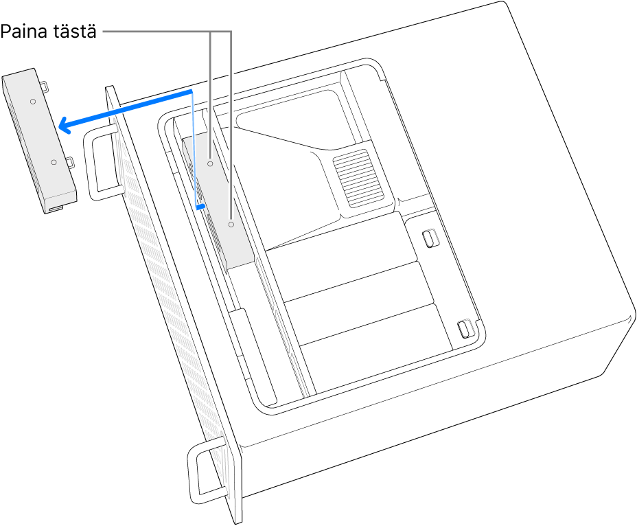 Mac Pro kyljellään niin, että näkyy, mistä painetaan jotta SSD:n kansi poistetaan.