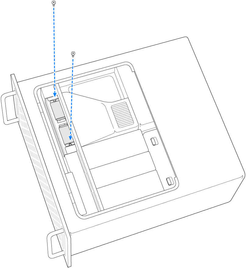 Mac Pro kyljellään ja kahta ruuvia kiinnitetään.