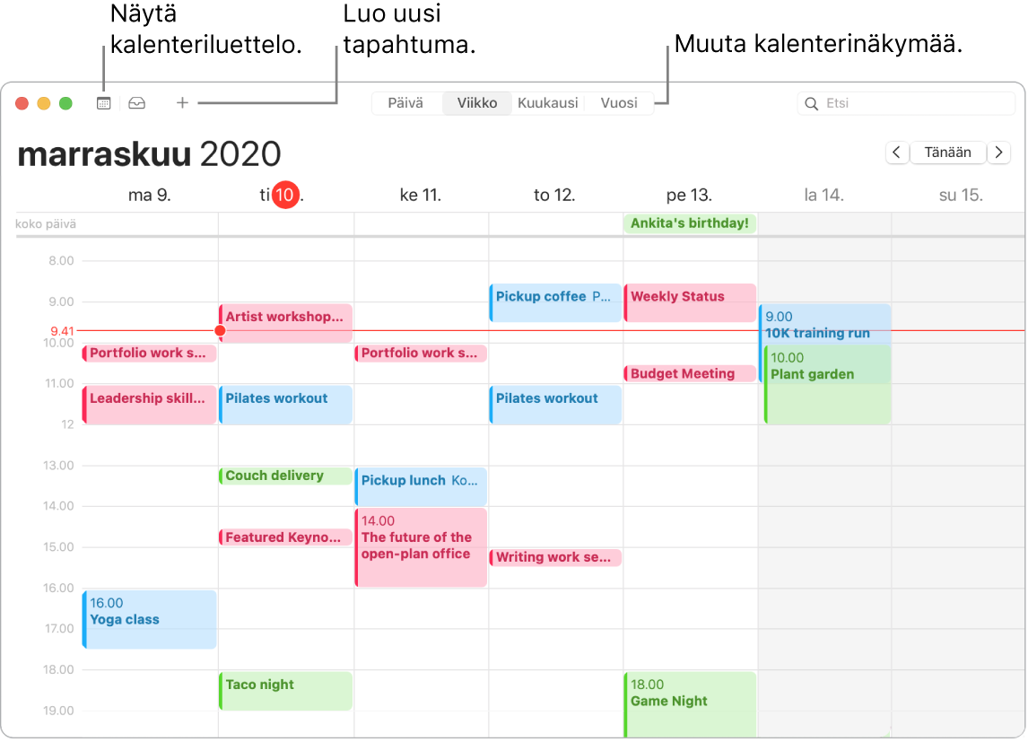 Kalenteri-ikkuna, jossa näytetään, kuinka tapahtuma lisätään, kalenteriluettelo näytetään ja valitaan näkymäksi päivä, viikko, kuukausi tai vuosi.