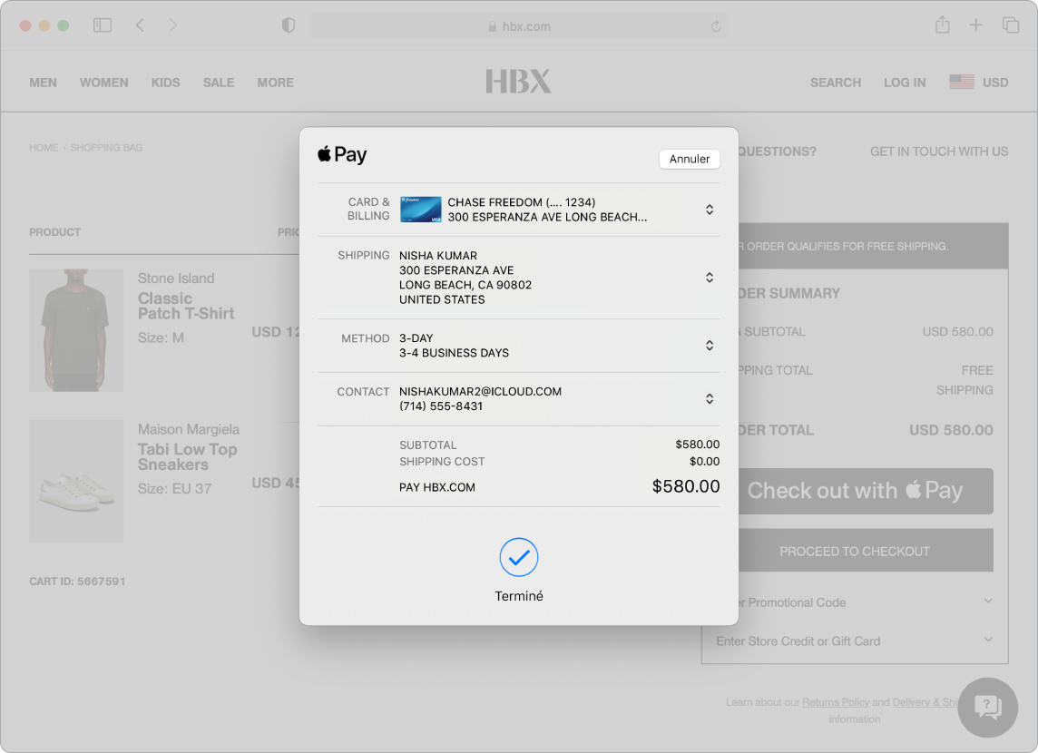 Écran d’un Mac affichant un achat en ligne en cours utilisant l’option Apple Pay dans Safari.
