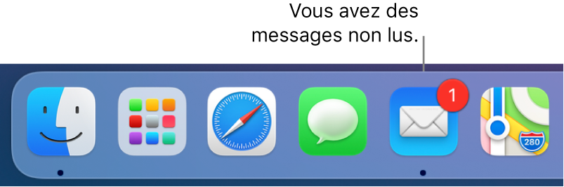 Section du Dock reprenant l’icône de l’app Mail et un médaillon, indiquant les messages non lus.