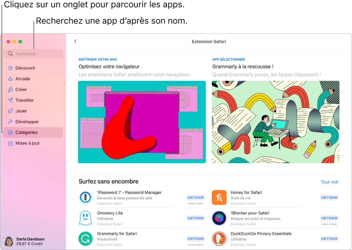 La fenêtre de l’App Store affichant le champ de recherche et une page d’extensions Safari.