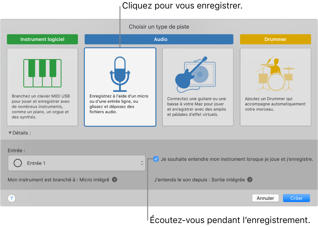 Sous-fenêtre des instruments de GarageBand indiquant où cliquer pour enregistrer la voix et s’écouter au moment de l’enregistrement.