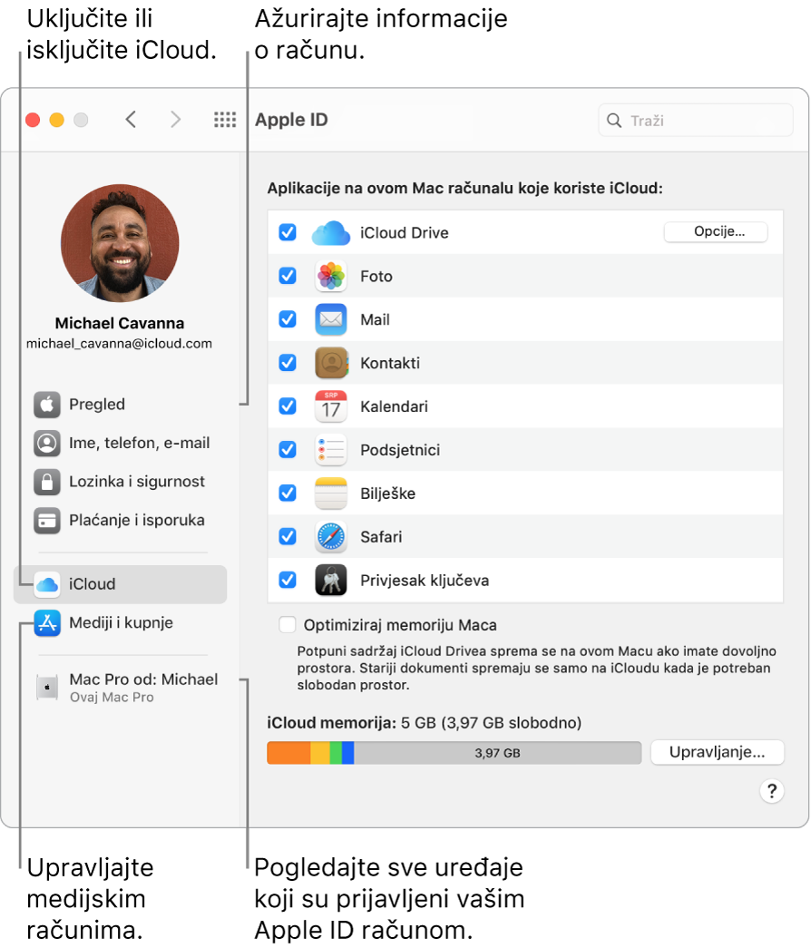 Prozor Apple ID-ja u Postavkama sustava. Kliknite stavku u rubnom stupcu za ažuriranje podataka o računu, uključite ili isključite iCloud, upravljajte medijskim računima i pregledajte sve uređaje na koje ste prijavljeni koristeći svoj Apple ID.