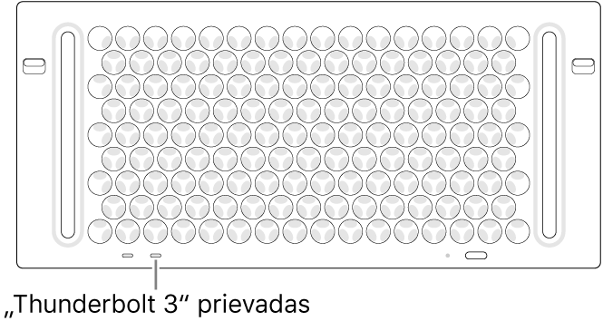 Viršutinė „Mac Pro“ pusė, rodomas tinkamas „Thunderbolt 3“ prievadas, kurį reikia naudoti.