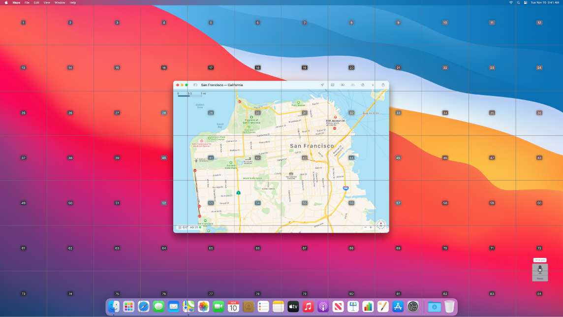 Darbvirsmā atvērta lietotne Maps ar pāri uzliktu režģi.