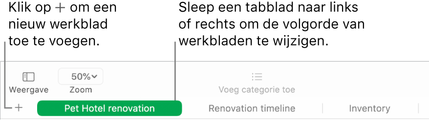 Een Numbers-venster waarin je ziet hoe je een nieuw werkblad toevoegt en hoe je de volgorde van werkbladen wijzigt.