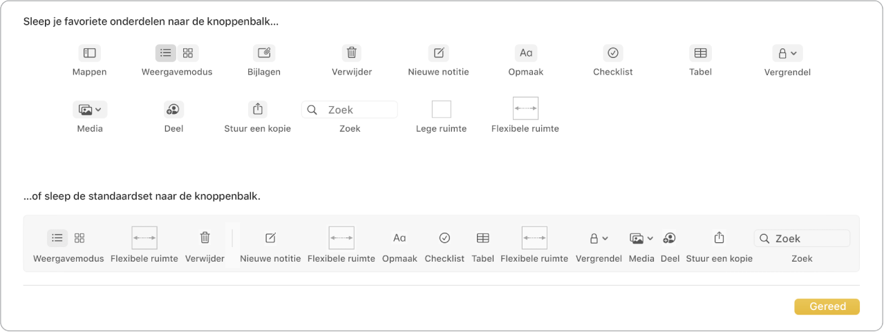 Een Notities-venster met opties waarmee je de knoppenbalk kunt aanpassen.