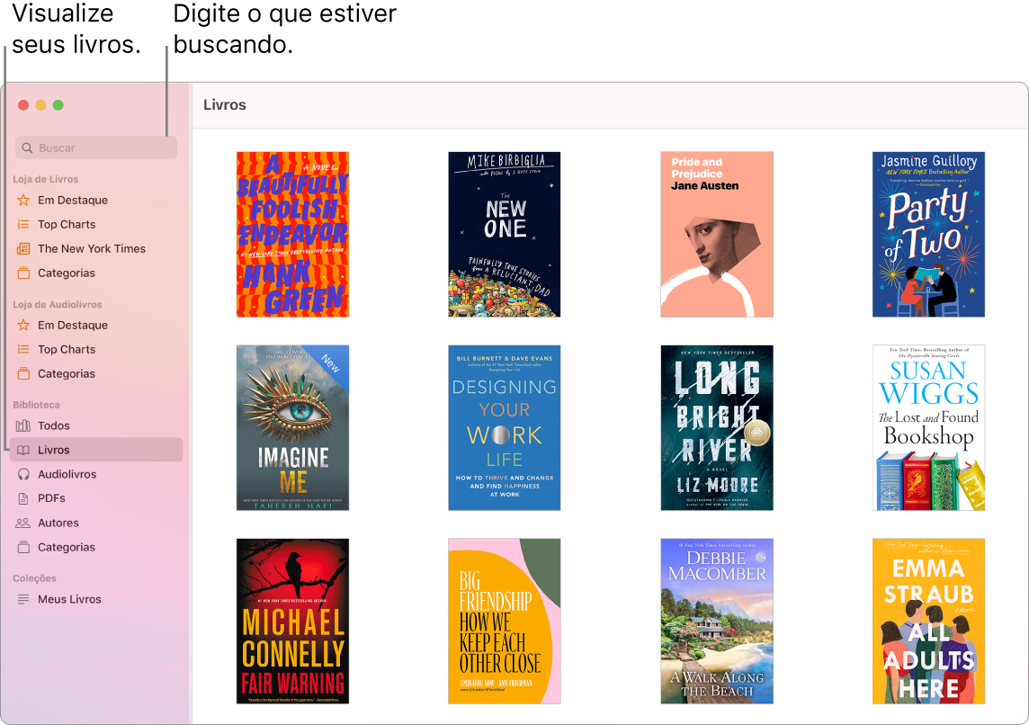 Uma janela do app Livros mostrando como visualizar livros, explorar conteúdo com curadoria e buscar.