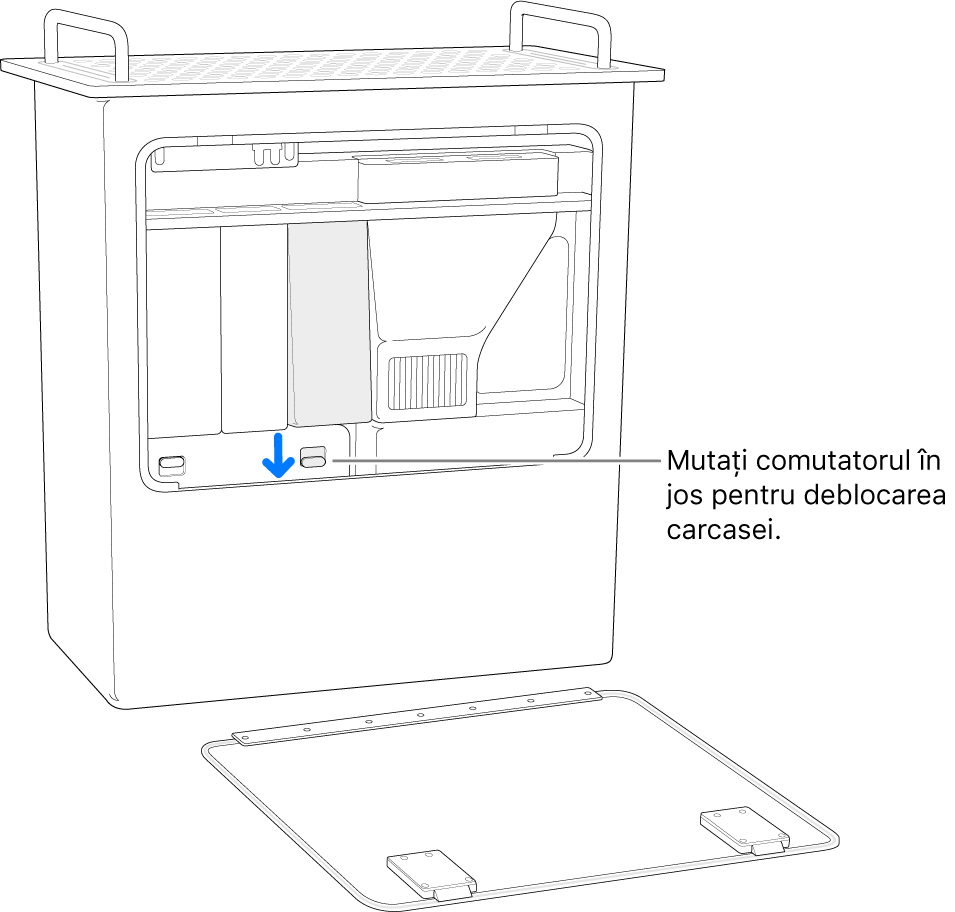 Mac Pro stând pe partea din spate, evidențiind comutatorul care deblochează carcasa DIMM.