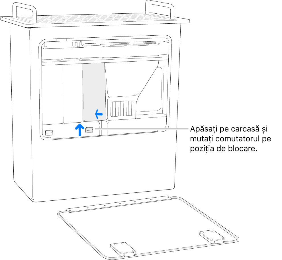 Mac Pro stând pe partea din spate, arătând cum se aduce comutatorul DIMM în poziția de blocare.