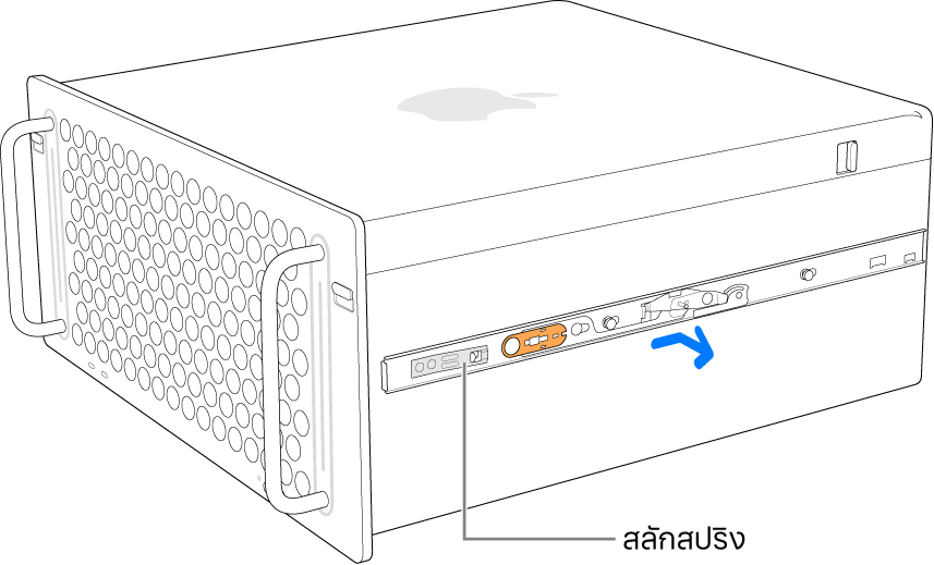 รางที่ถูกถอดออกจากด้านข้างของ Mac Pro