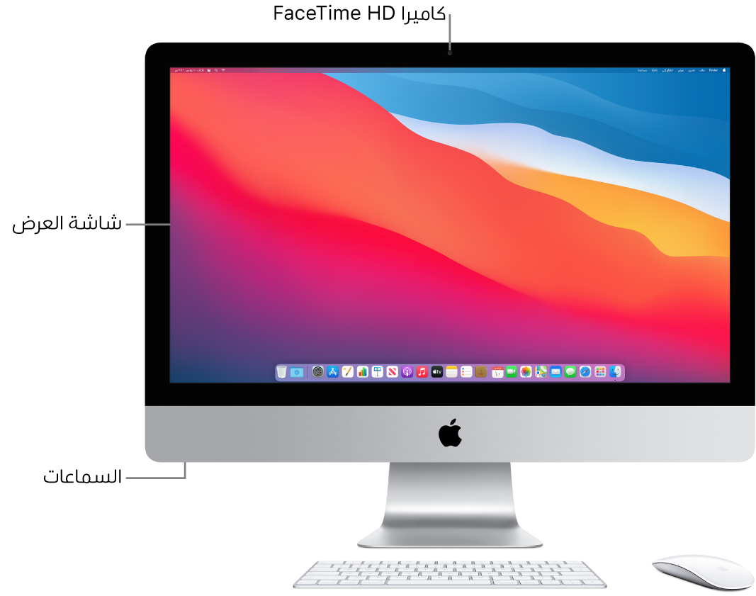 مظهر أمامي للـ iMac وتظهر فيه شاشة العرض والكاميرا والسماعات.