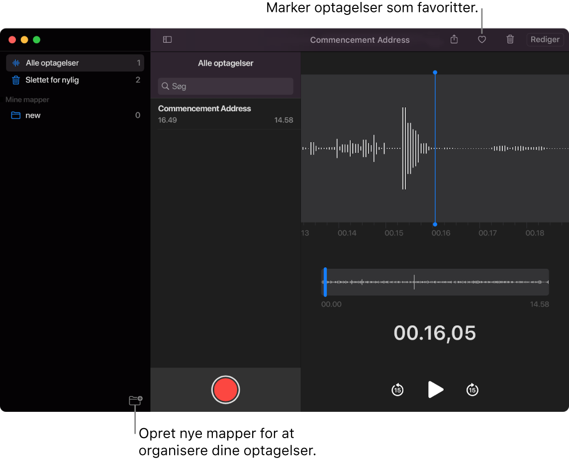 Vinduet Memoer, der viser, hvordan du opretter nye mapper eller markerer en optagelse som favorit.