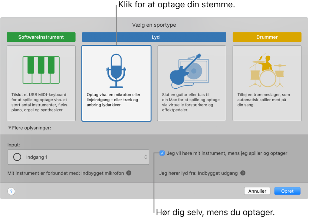 Instrumentvinduet i GarageBand viser, hvor du skal klikke for at optage din stemme og for at høre dig selv, når du optager.