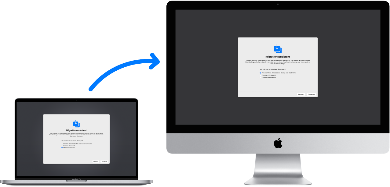Ein MacBook (alter Computer) mit dem Fenster des Migrationsassistenten und einem Pfeil, der auf einen iMac (neuer Computer) weist, auf dem ebenfalls der Migrationsassistent angezeigt wird.