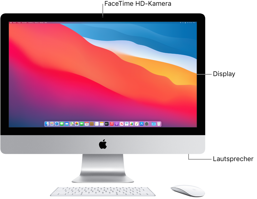 Frontansicht des iMac mit Bildschirm, Kamera und Lautsprechern