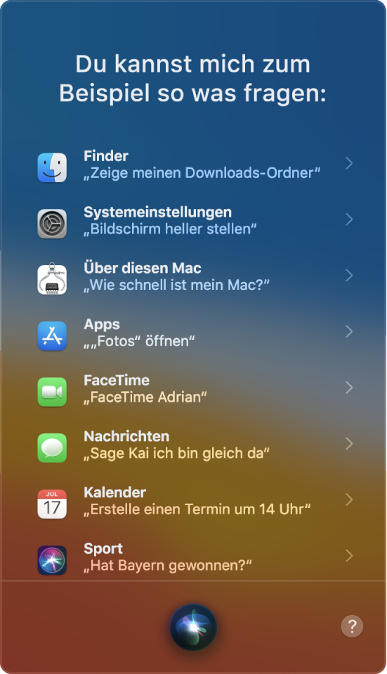 Ein Siri-Fenster mit der Überschrift „Dinge, die du mich fragen kannst“ und Siri-Beispielanfragen wie „Hat Bayern gewonnen?“