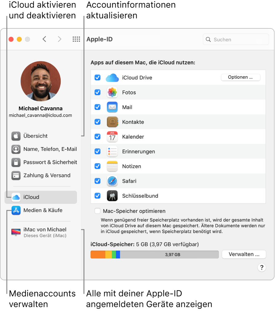 Der Bereich „Apple-ID“ der Systemeinstellungen. Klicke auf ein Objekt in der Seitenleiste, um deine Accountinformationen zu aktualisieren, iCloud zu aktivieren oder zu deaktivieren, Medienaccounts zu verwalten und alle mit deiner Apple-ID angemeldeten Geräte anzuzeigen.