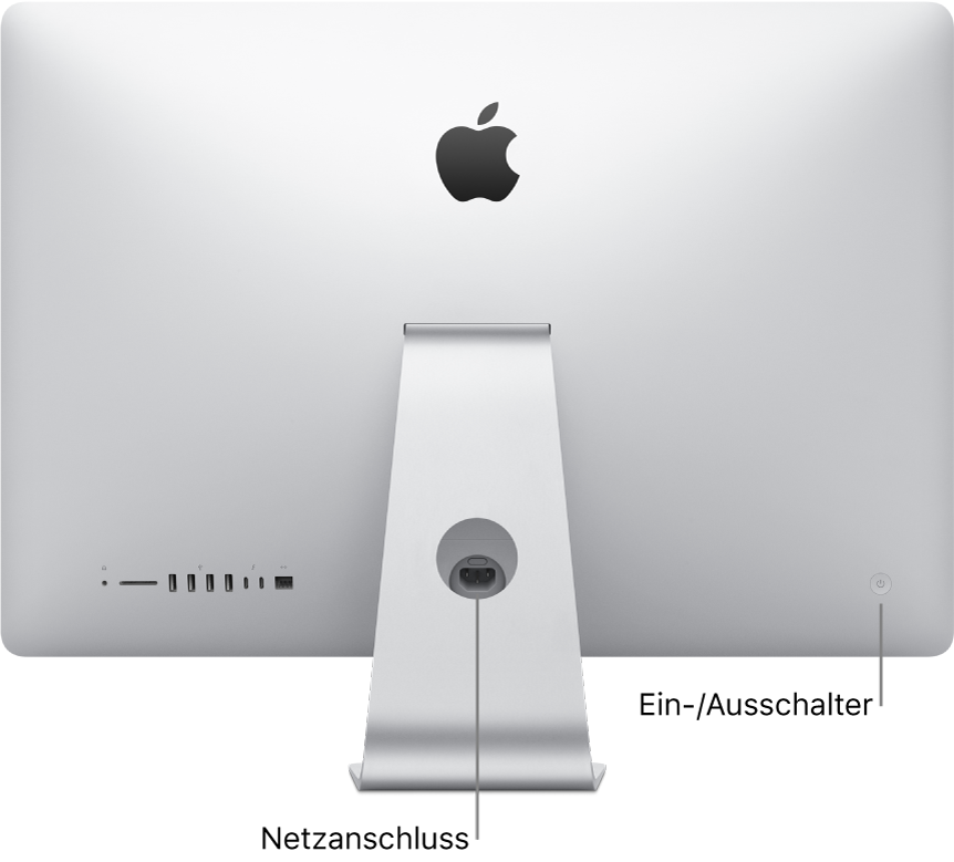 Rückansicht des iMac mit Netzkabel und Ein-/Ausschalter.