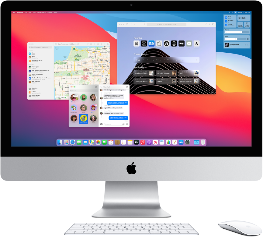 An iMac desktop showing Control Center and several open apps.